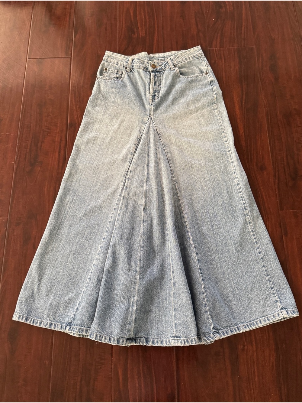 Light Wash Denim Maxi Skirt - Flared Panel Design